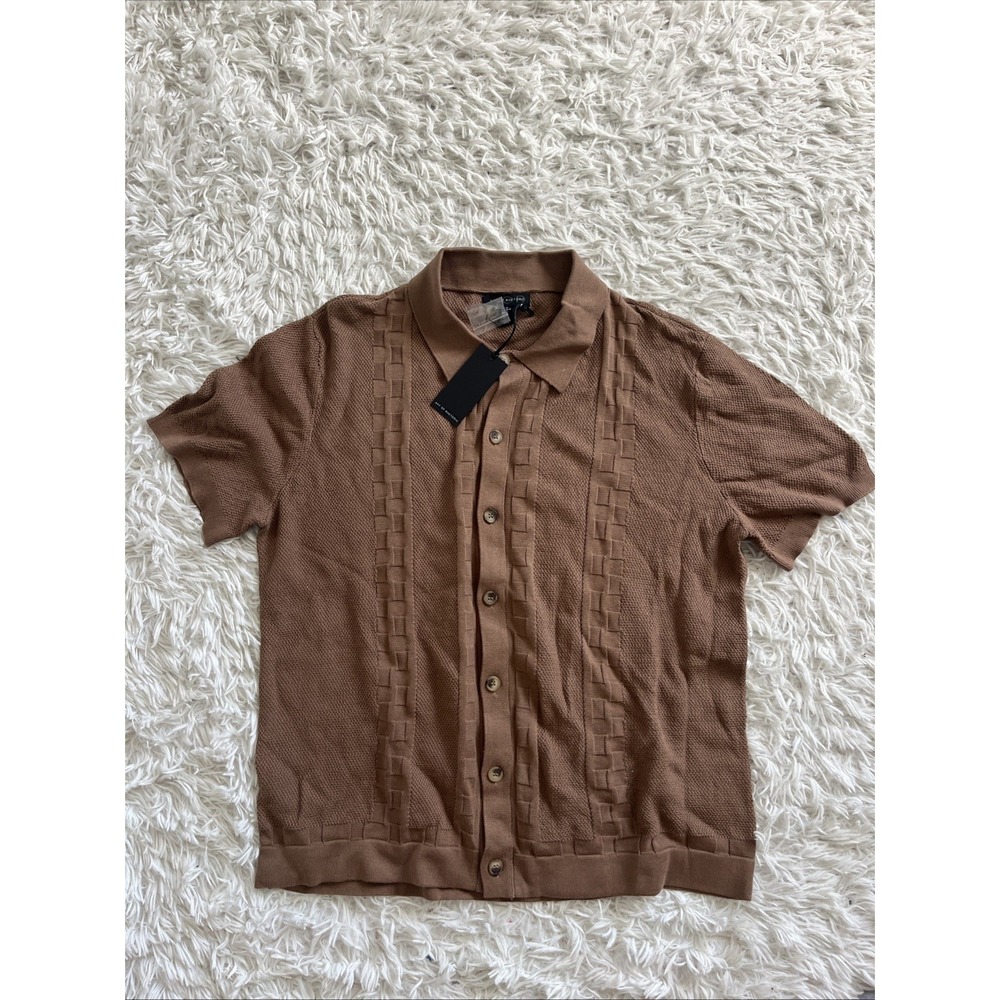 Art of Rhetoric Men Button Knit Polo Sweater Shirt Short Sleeve Brown Medium M